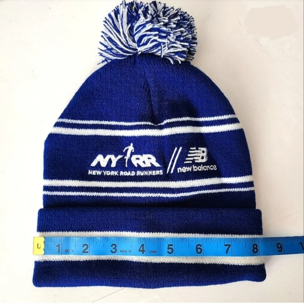 Blue And White Striped Pom Pom Knit Hat